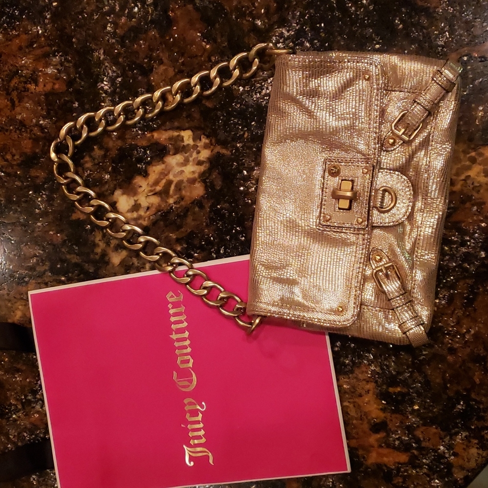 Juicy Couture 100% Leather Gold Chain Clutch Shoulder Purse